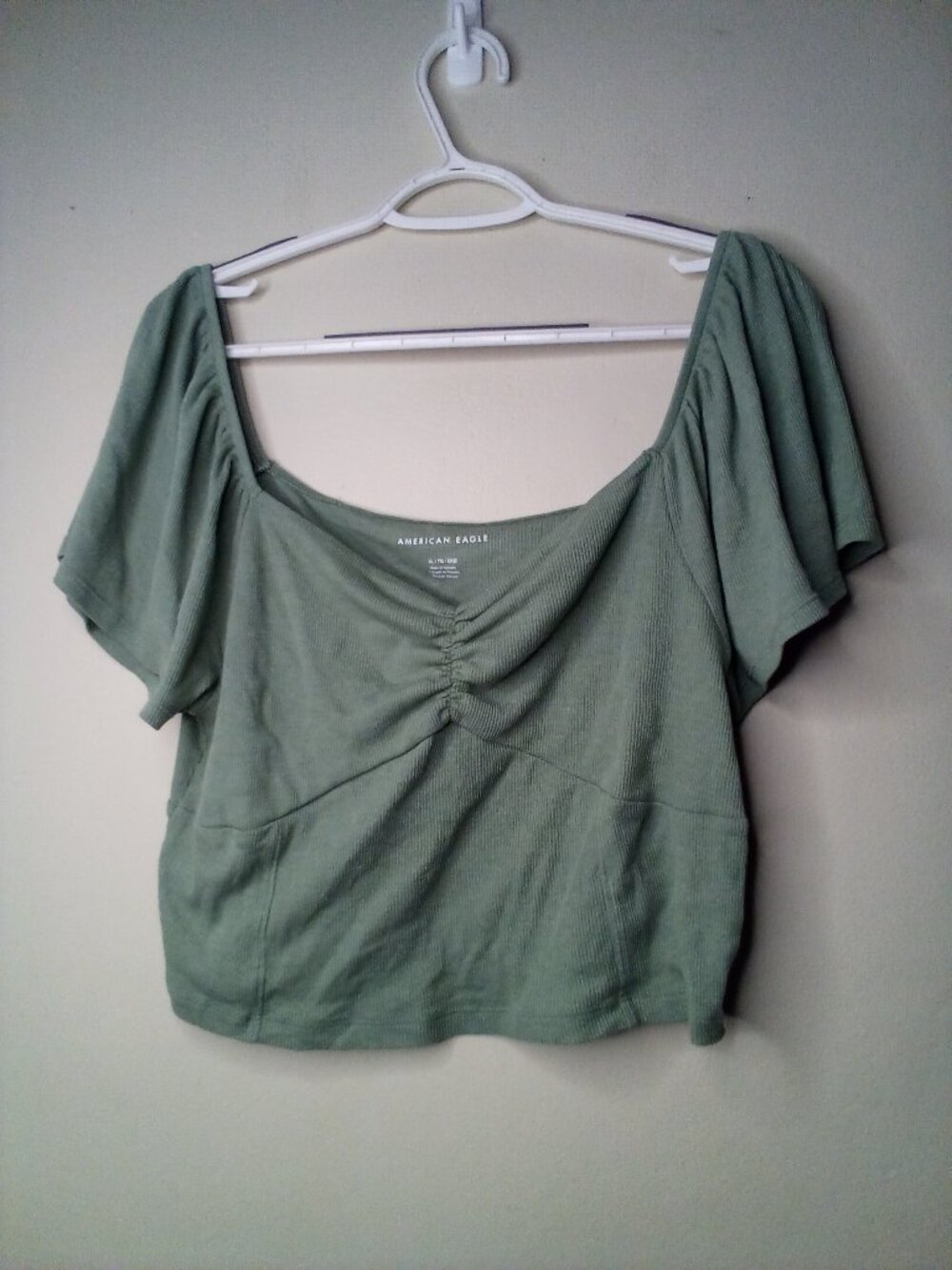 American Eagle Cropped Blouse Women XL Short Sleeve Ribbed Textured Green